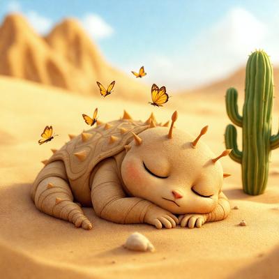 The primary subject of the image is a cute, sleeping cat. The cat is lying on a sandy surface, possibly a beach, with a cactus nearby. The visual style of the image is a digital art or illustration, giving it a whimsical and playful appearance. The colors and mood of the image are warm and inviting, with the sandy surface and cactus adding to the overall atmosphere.
